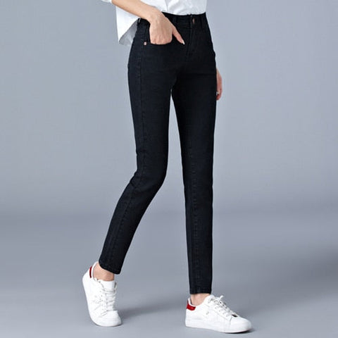 Jeans for woman high waist  full Length skinny pencil black blue Denim pants 100kg