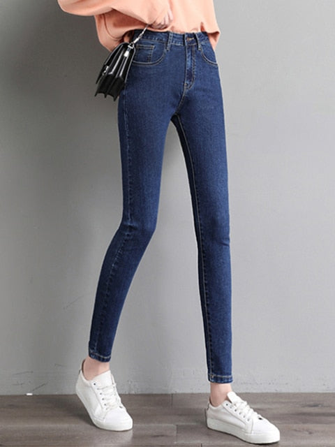 Jeans for woman high waist  full Length skinny pencil black blue Denim pants 100kg