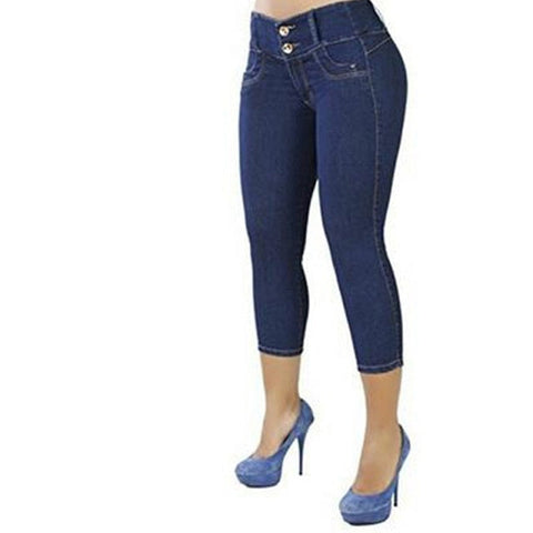 Women Sexy Casual Cropped Pants Solid Color Button Fly Waist Slim Trousers Breathable Elastic Pencil Pants