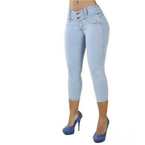 Women Sexy Casual Cropped Pants Solid Color Button Fly Waist Slim Trousers Breathable Elastic Pencil Pants