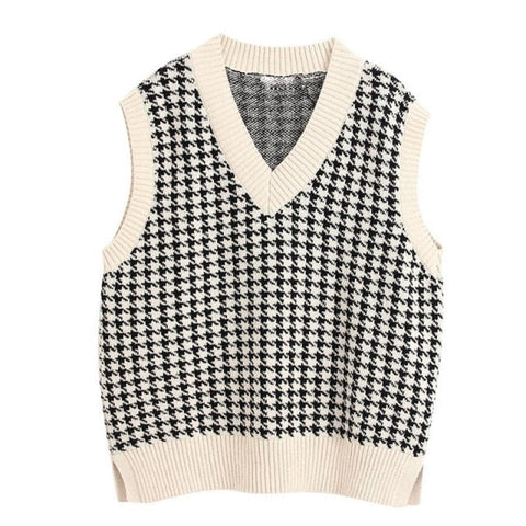 Fashion Women Knitted Vest Pullovers V Neck Sleeveless Houndstooth Knitted Jumper Pullovers Korean Loose Plaid Sweater Vest