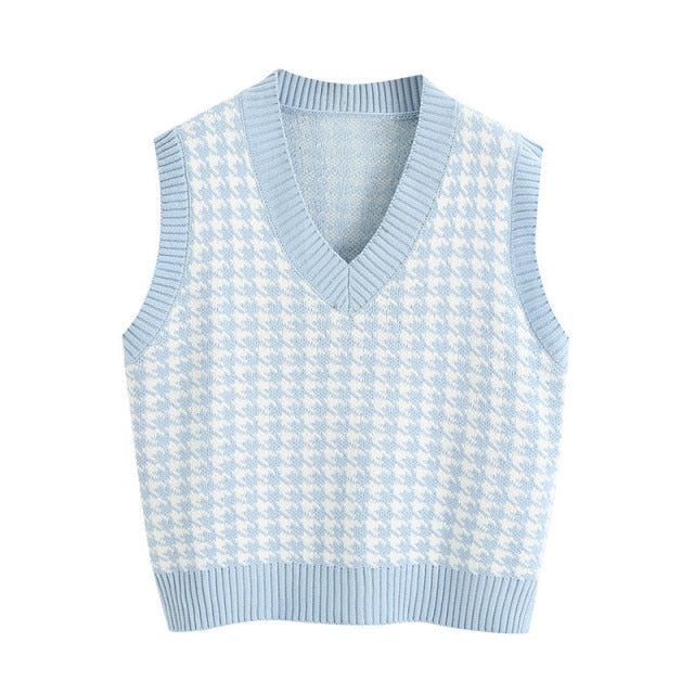 Fashion Women Knitted Vest Pullovers V Neck Sleeveless Houndstooth Knitted Jumper Pullovers Korean Loose Plaid Sweater Vest