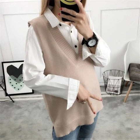 Fashion Women Knitted Vest Pullovers V Neck Sleeveless Houndstooth Knitted Jumper Pullovers Korean Loose Plaid Sweater Vest