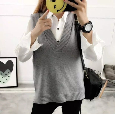 Fashion Women Knitted Vest Pullovers V Neck Sleeveless Houndstooth Knitted Jumper Pullovers Korean Loose Plaid Sweater Vest