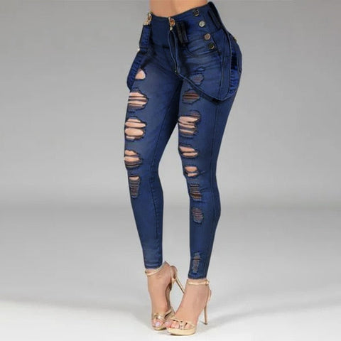 Women Jeans High Waisted Straight Skinny Stretchy Pant Streetwear Ladies Hole Washed Bandage Denim Pencil Pants Trousers