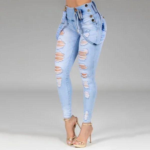 Women Jeans High Waisted Straight Skinny Stretchy Pant Streetwear Ladies Hole Washed Bandage Denim Pencil Pants Trousers