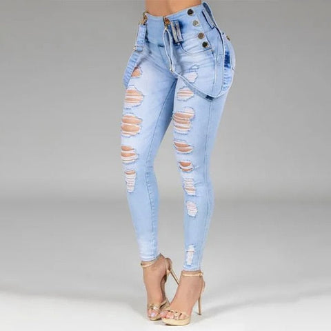 Women Jeans High Waisted Straight Skinny Stretchy Pant Streetwear Ladies Hole Washed Bandage Denim Pencil Pants Trousers