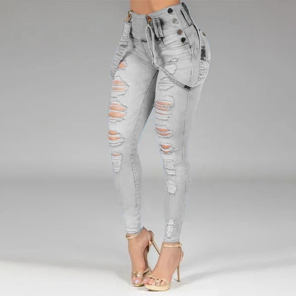 Women Jeans High Waisted Straight Skinny Stretchy Pant Streetwear Ladies Hole Washed Bandage Denim Pencil Pants Trousers