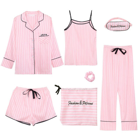 JULY&#39;S SONG Pink 7 Pieces Women&#39;s Pajamas Sets Faux Silk Striped Pyjama Women&#39;s Pajamas Sleepwear Sets Spring Summer Homewear