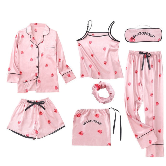 JULY&#39;S SONG Pink 7 Pieces Women&#39;s Pajamas Sets Faux Silk Striped Pyjama Women&#39;s Pajamas Sleepwear Sets Spring Summer Homewear