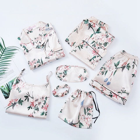 JULY&#39;S SONG Pink 7 Pieces Women&#39;s Pajamas Sets Faux Silk Striped Pyjama Women&#39;s Pajamas Sleepwear Sets Spring Summer Homewear