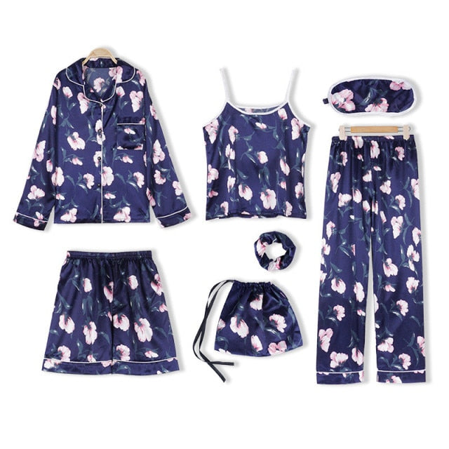 JULY&#39;S SONG Pink 7 Pieces Women&#39;s Pajamas Sets Faux Silk Striped Pyjama Women&#39;s Pajamas Sleepwear Sets Spring Summer Homewear