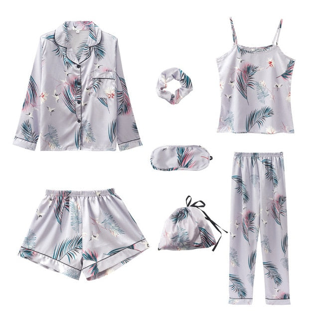 JULY&#39;S SONG Pink 7 Pieces Women&#39;s Pajamas Sets Faux Silk Striped Pyjama Women&#39;s Pajamas Sleepwear Sets Spring Summer Homewear