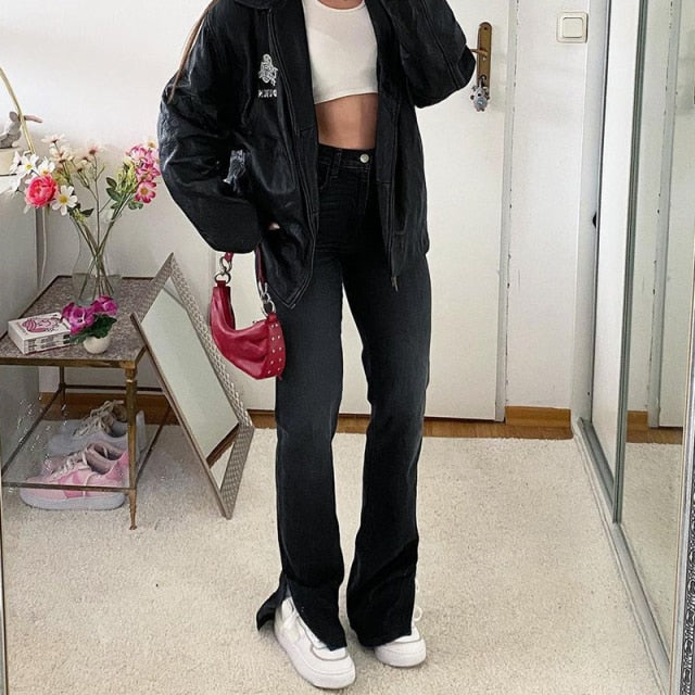 Stylish White Trendy Jeans For Girls Fashion High Waist Vintage Trouser Frmale Straight Women's Split Denim Pants Streetwear