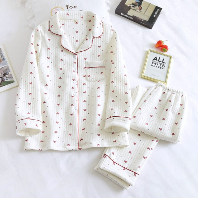 Autumn Winter Cute Pajamas Set Sleepwear Thicken Warm Cotton Female Long Sleeve Trousers Pijama Suit Pyjama Female Loungewear