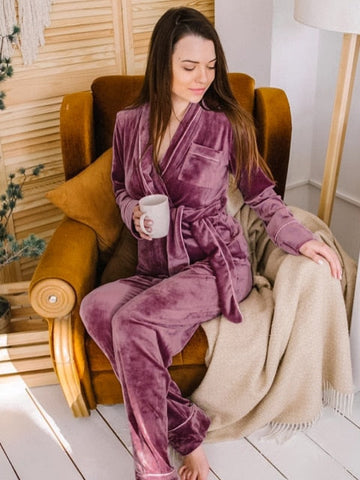 Velvet Warm Pajamas For Women Bathrobe Female Set Solid Pocket Long Sleeves Nightgowns Women Clothing Sleepwear Casual Robe Sets