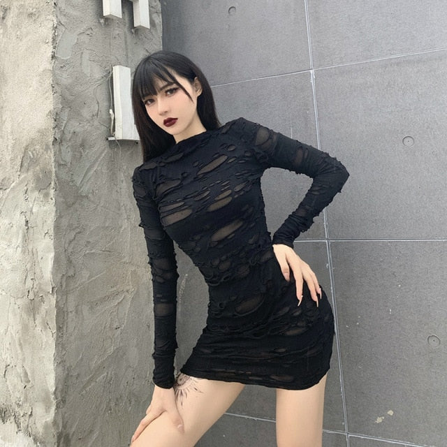 Helisopus New Gothic Black Mini Dress Streetwear Rock Punk Hollow Retro High Waist Long Sleeve Bodycon Party Dresses