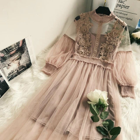 New Arrivals Women Lace Flower Dress Gauze Lantern Sleeve Voile Long Dress Female Retro Hook Princess Dress 2 Piece Set