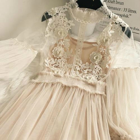 New Arrivals Women Lace Flower Dress Gauze Lantern Sleeve Voile Long Dress Female Retro Hook Princess Dress 2 Piece Set