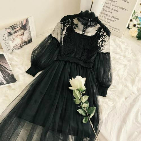 New Arrivals Women Lace Flower Dress Gauze Lantern Sleeve Voile Long Dress Female Retro Hook Princess Dress 2 Piece Set