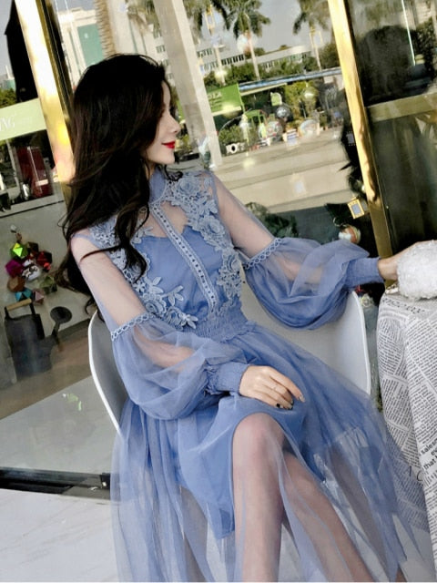 New Arrivals Women Lace Flower Dress Gauze Lantern Sleeve Voile Long Dress Female Retro Hook Princess Dress 2 Piece Set