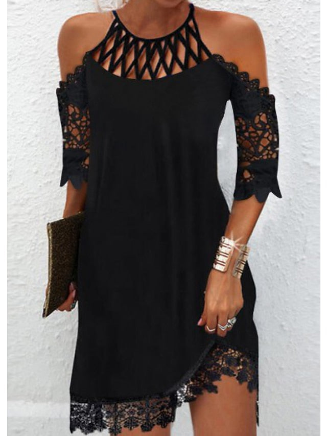 Women's Casual Dress Lace Dress T Shirt Dress Tee Dress Mini Dress Black Half Sleeve Pure Color Lace Spring Summer Halter Fashion Date Vacation S M L XL XXL 3XL