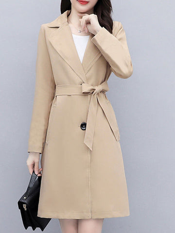 Women's Trench Coat Warm Breathable Outdoor Office Work Button Pocket Single Breasted Turndown OL Style Elegant Modern Solid Color Regular Fit Outerwear Long Sleeve Winter Fall Black Wine Khaki M L