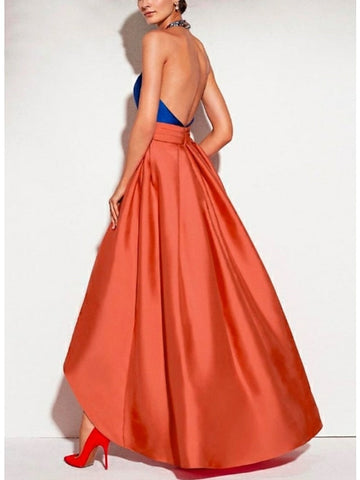 A-Line Prom Dresses Color Block Dress Formal Evening Asymmetrical Sleeveless Halter Satin with Pleats