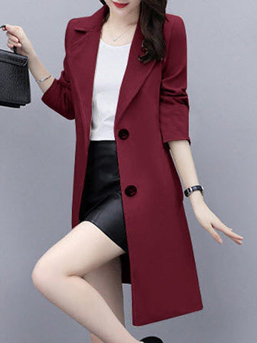 Women's Trench Coat Warm Breathable Outdoor Office Work Button Pocket Single Breasted Turndown OL Style Elegant Modern Solid Color Regular Fit Outerwear Long Sleeve Winter Fall Black Wine Khaki M L