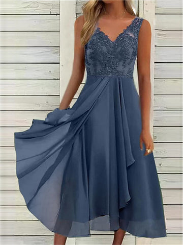 Women's Wedding Guest Dress Party Dress Lace Dress Midi Dress Blue Green Sleeveless Pure Color Lace Summer Spring Fall Spaghetti Strap Fashion Wedding Guest Vacation Summer Dress S M L XL 2XL 3XL