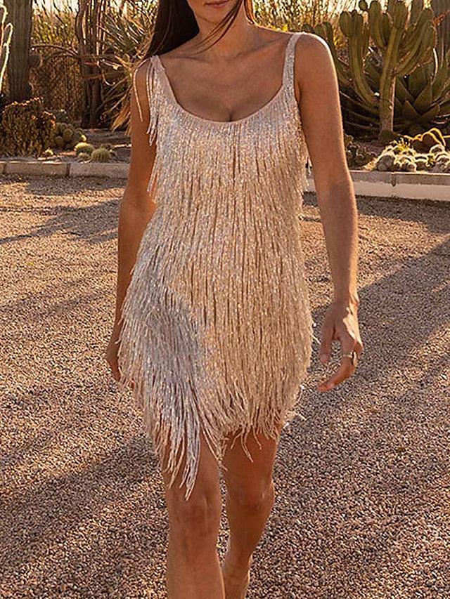 Women's Party Dress Fringe Dress Slip Dress Mini Dress Purple Gold Beige Sleeveless Pure Color Tassel Fringe Summer Spring Fall Spaghetti Strap Fashion Evening Party Vacation Fall Dress  S M L XL