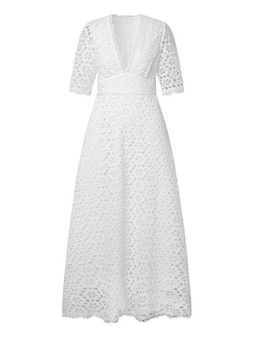 Women's Lace Dress Cutout Eyelet Pure Color Casual Dress Swing Dress Long Dress Maxi Dress White Half Sleeve Fall Spring V Neck Weekend S M L XL 2XL 3XL