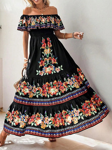 Women's Long Dress Maxi Dress Casual Dress Ethnic Dress A Line Dress Floral Retro Vintage Daily Holiday Vacation Ruffle Print Short Sleeve Off Shoulder Dress Regular Fit Black Summer Spring S M L XL