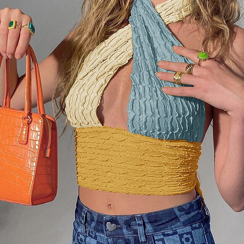 Women's Cross Front Halter Crop Top T-shirt Graphic Tie Back Halter Tee Y2K Clubwear Street Style Summer