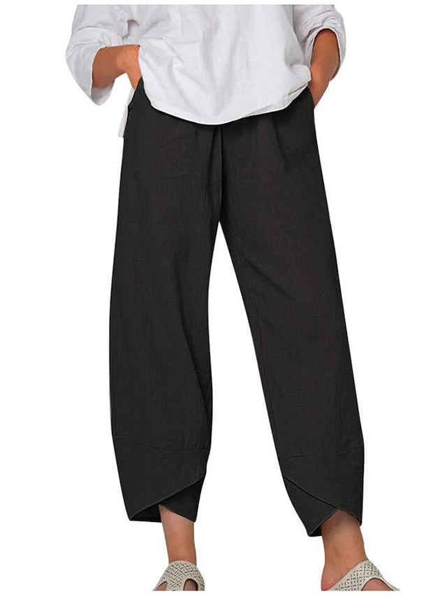 Women's Linen Pants Chinos Pants Trousers Cotton Black Navy Blue Green Mid Waist Fashion Casual Weekend Side Pockets Ankle-Length Comfort Plain S M L XL 2XL