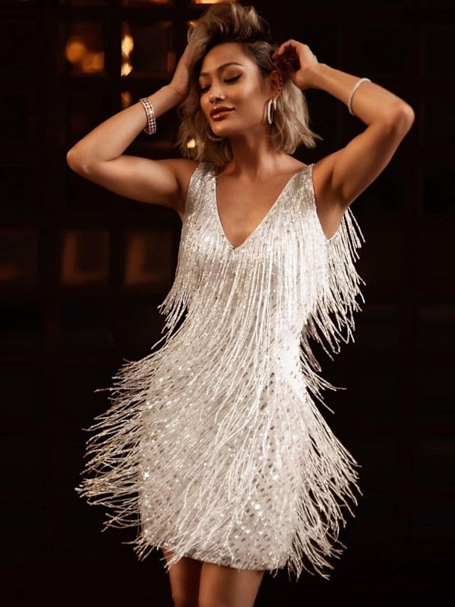 Women's Party Dress Fringe Dress Short Mini Dress White Gold Sleeveless Pure Color Tassel Fringe Spring Summer Spaghetti Strap Party Sexy Gatsby Party S M L XL XXL / Winter