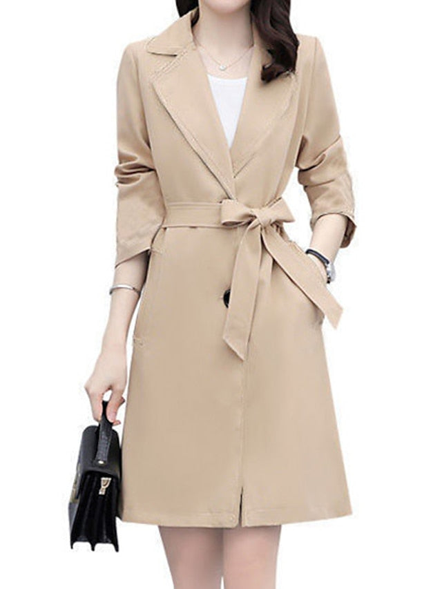 Women's Trench Coat Warm Breathable Outdoor Office Work Button Pocket Single Breasted Turndown OL Style Elegant Modern Solid Color Regular Fit Outerwear Long Sleeve Winter Fall Black Wine Khaki M L