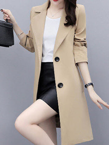 Women's Trench Coat Warm Breathable Outdoor Office Work Button Pocket Single Breasted Turndown OL Style Elegant Modern Solid Color Regular Fit Outerwear Long Sleeve Winter Fall Black Wine Khaki M L