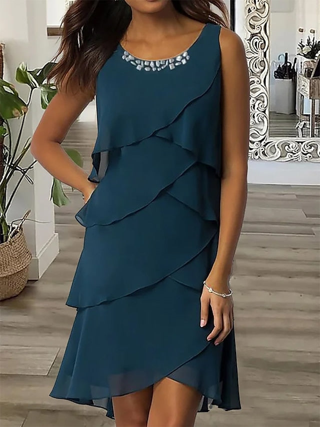 Women's Work Dress Wedding Guest Chiffon Dress Semi Formal Dress Fashion Midi Dress Ruffle Layered Crew Neck Sleeveless Plain Loose Fit Dark Blue Summer Spring S M L XL XXL