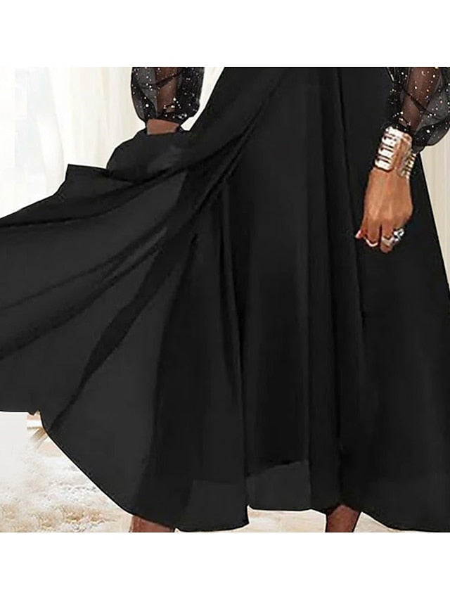 Women's Semi Formal Party Dress Wedding Guest Dress Swing Dress Midi Dress Black Long Sleeve Polka Dot Sequins Winter Fall Spring V Neck Stylish Vacation S M L XL XXL 3XL