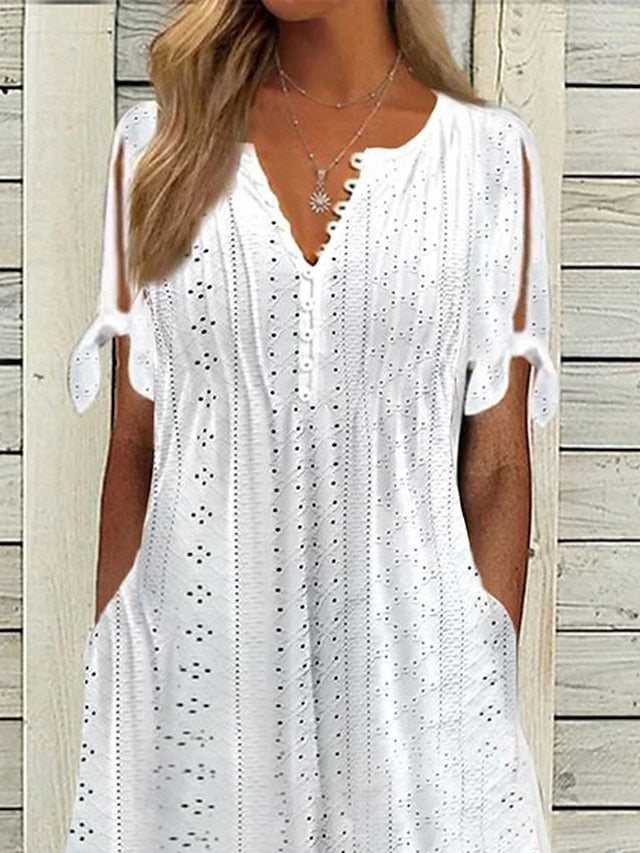 Women's Casual Dress Summer Dress Pleated Dress Plain Lace Ruched V Neck Midi Dress Fashion Elegant Outdoor Daily Short Sleeve Loose Fit White Pink Blue Summer Spring S M L XL XXL