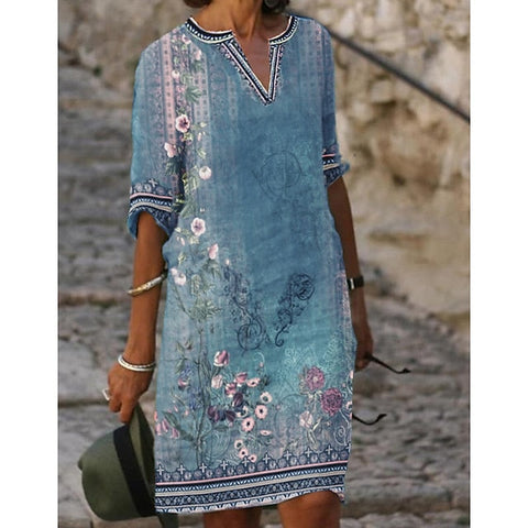 Women's Casual Dress Shift Dress Midi Dress Green Half Sleeve Floral Print Fall Spring Summer V Neck S M L XL XXL 3XL