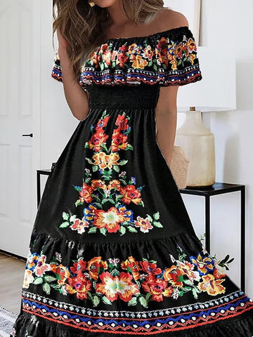 Women's Long Dress Maxi Dress Casual Dress Ethnic Dress A Line Dress Floral Retro Vintage Daily Holiday Vacation Ruffle Print Short Sleeve Off Shoulder Dress Regular Fit Black Summer Spring S M L XL