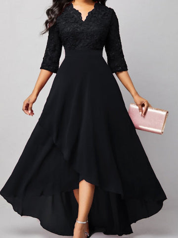 Women's Formal Party Dress Maxi long Dress Navy Blue 3/4 Length Sleeve Print Pure Color Ruched Lace Fall Winter V Neck Elegant Fashion Modern 3XL