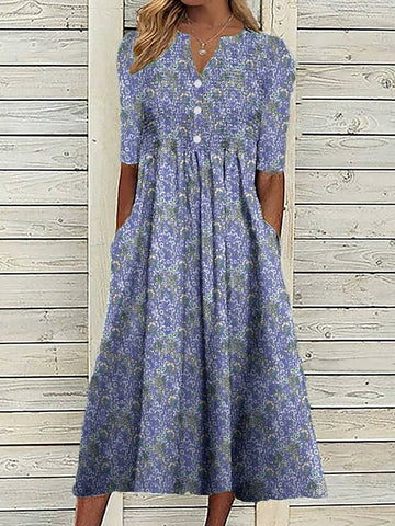 Women's Casual Dress Summer Dress Print Dress Graphic Floral Ruched Button V Neck Midi Dress Fashion Mature Daily Vacation Short Sleeve Regular Fit Blue Dark Blue Summer Spring S M L XL XXL