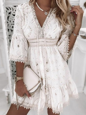 Women's Party Dress Casual Dress Lace Dress Mini Dress White Beige 3/4 Length Sleeve Embroidery Ruched Summer Spring Fall V Neck Fashion Wedding Summer Dress Office S M L XL 2XL 3XL