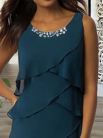 Women's Work Dress Wedding Guest Chiffon Dress Semi Formal Dress Fashion Midi Dress Ruffle Layered Crew Neck Sleeveless Plain Loose Fit Dark Blue Summer Spring S M L XL XXL