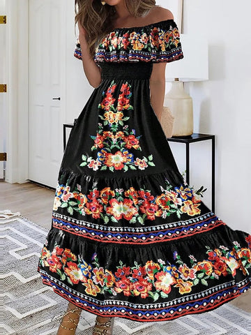 Women's Long Dress Maxi Dress Casual Dress Ethnic Dress A Line Dress Floral Retro Vintage Daily Holiday Vacation Ruffle Print Short Sleeve Off Shoulder Dress Regular Fit Black Summer Spring S M L XL