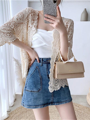 Women's Cardigan Sweater Jumper Crochet Knit Embroidered Hole Solid Color Open Front Stylish Casual Daily Going out Summer Spring White Beige One-Size