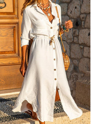 Women's Shirt Dress Casual Dress Linen Dress Maxi long Dress Outdoor Winter Dress Daily Cotton Polyester Elegant Classic Shirt Collar Lace up Button Long Sleeve Summer Spring Fall Regular Fit